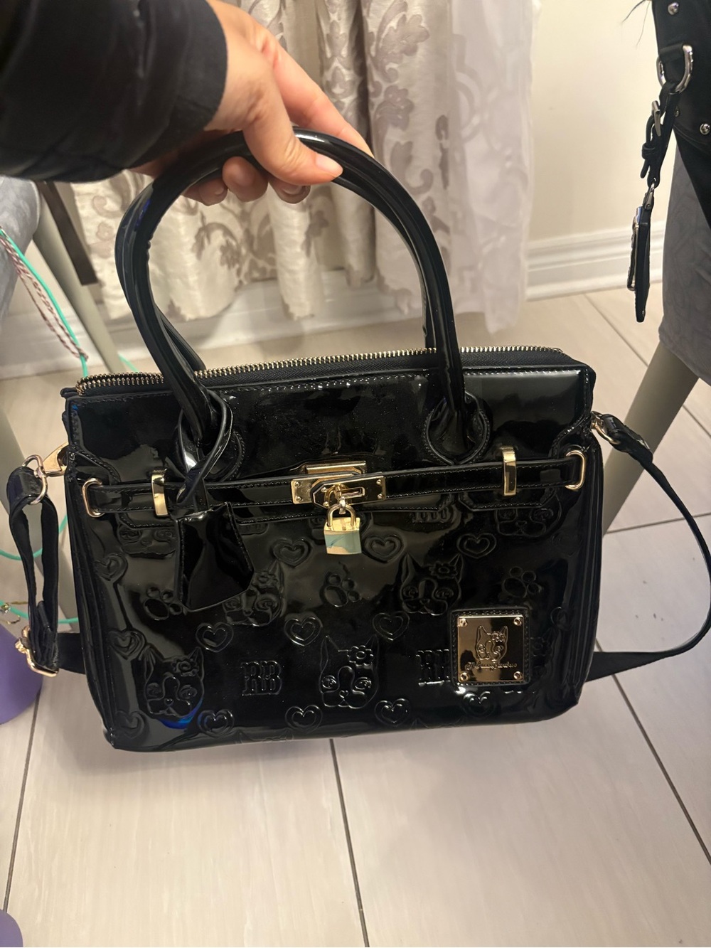 Patent-Effect Embossed Satchel Handbag - Black